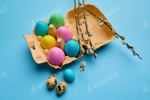 Preview: Colorful easter eggs in box on blue background