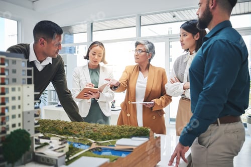 Preview: Creative people, real estate and meeting with 3D model, building project or team startup at office.