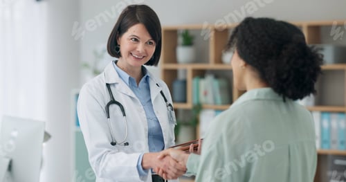 Preview: Healthcare, hello or girl and doctor with handshake in office for surgery, agreement or support. Ho