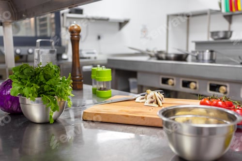 Preview: Cooking ingredients prepare for a meal in a modern restaurant kitchen with fresh produce