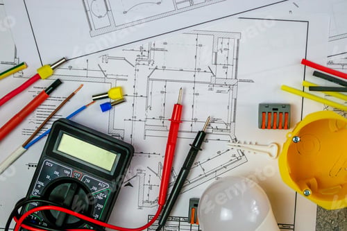 Preview: Flat lay composition with electrician's tools on house plan. Space for text.Selective focus.