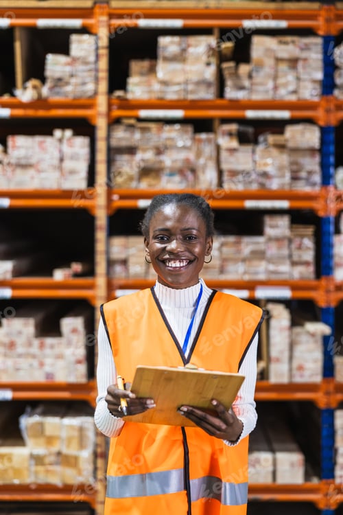 Preview: Happy worker checking inventory in lumber warehouse