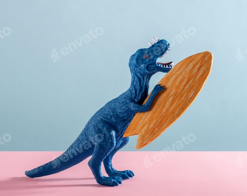 Preview: Happy dinosaur with surfboard on pink and blue background.