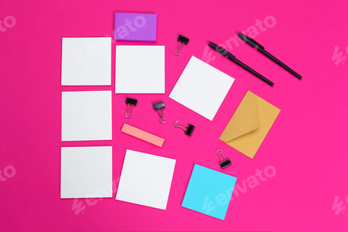Preview: mock up concept. cards Papers on pink background. Top view, flat lay, copy space