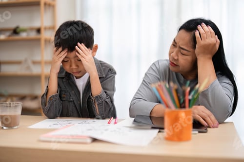 Preview: Back to School and Overcoming Challenges. A mother and son face study difficulties together.
