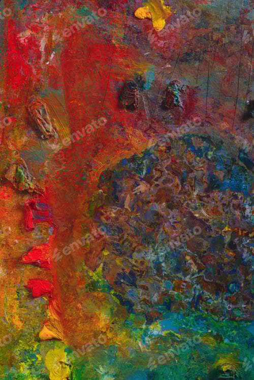 Preview: Oil paint palette texture from above. Creative occupation concept. Flat lay with copy space.