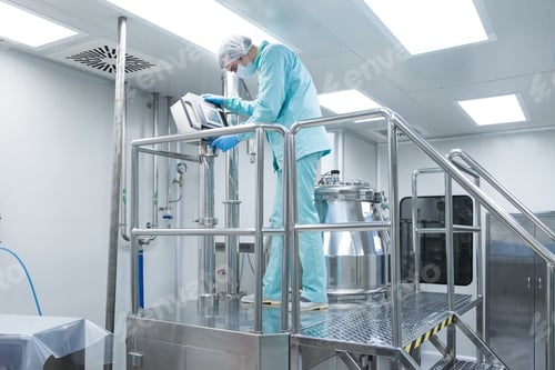 Preview: Pharmaceutical factory man worker in protective clothing operate production line in sterile working