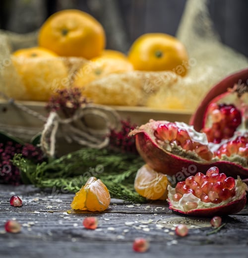 Preview: still life with tangerines and pomegranate