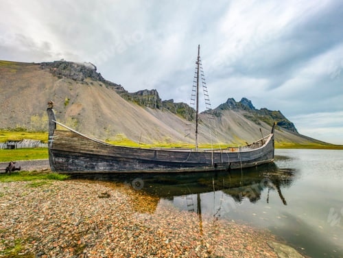 Preview: Vestrahorn mountain with black sand beach and Viking village, Iceland.