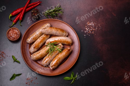 Preview: Roasted sausages grill with spices and herbs with salt and pepper
