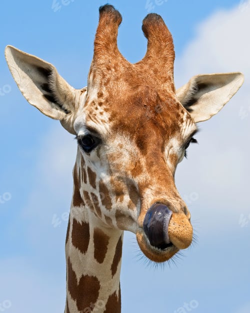 Preview: Portrait of a male giraffe under the sunlight and a blue cloudy sky
