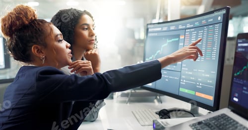 Preview: Teamwork, statistics and business women on computer in office for stock trading, research and finan