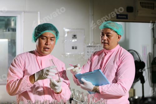 Preview: Factory worker examining a bottle in factory, technology industry business concept.