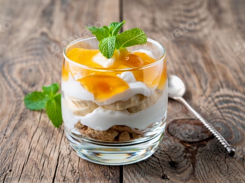 Preview: Healthy layered dessert with yogurt, banana, mango, cookie on wooden background, side view.