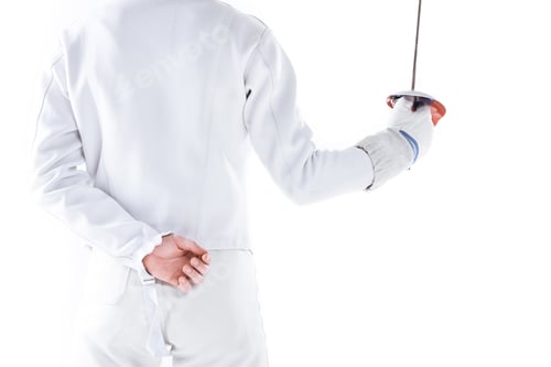 Preview: partial view of fencer in uniform holding rapier in hand isolated on white