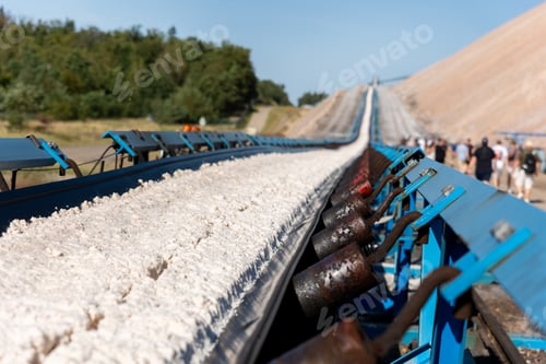 Vista previa: Close-up industrial conveyor system metal rollers frame transport mineral material in open mine