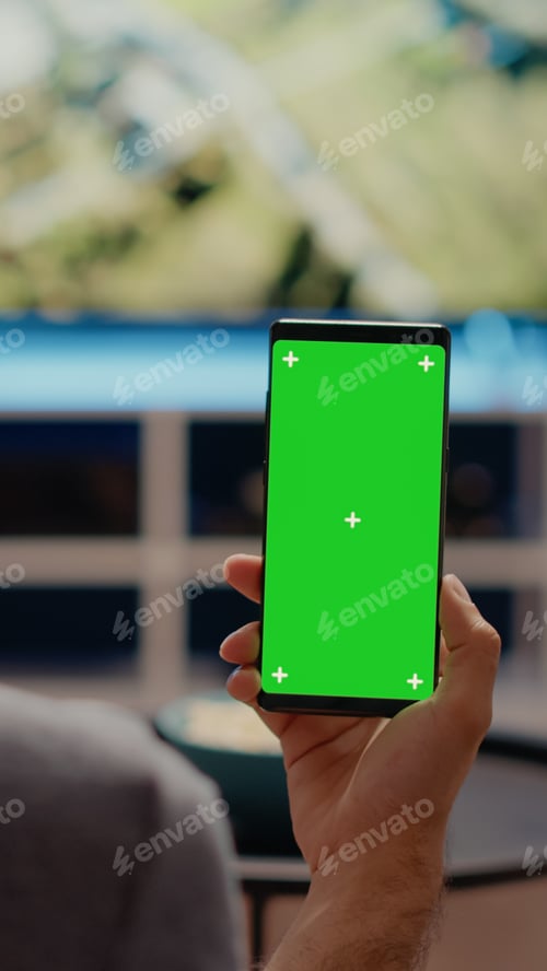 Preview: Person holding mobile phone with green screen vertically