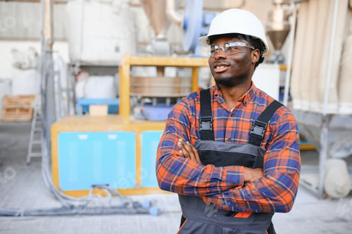 Preview: Industrial worker indoors in factory. Young technician with white hard hat