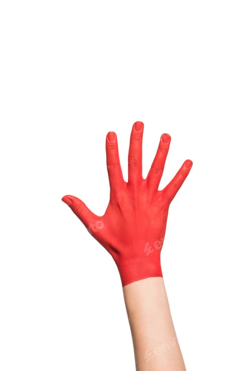 Preview: cropped view of hand in red paint, isolated on white