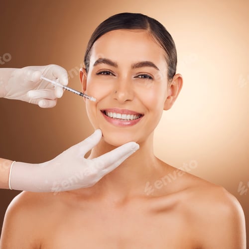 Preview: Plastic surgery hands, face portrait or woman happy for needle facial change, cosmetic process or s