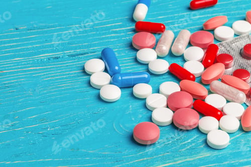 Preview: Many different pills on dark blue wooden background