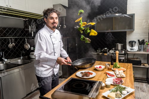 Preview: smiling chef tossing up frying bell peppers with frying pan
