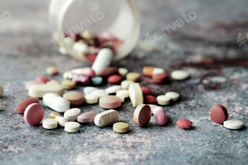 Preview: drug addiction concept with pills and wine glass on table