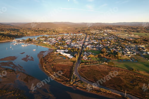Preview: Aerial view of Saint Helens and distant hills. Tasmania, Australia