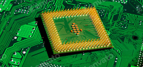 Preview: Close up of microchips and pins on Main CPU PC processor circuit board.