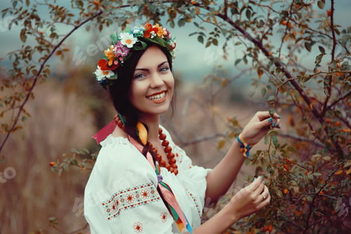 Preview: Beautiful Ukrainian girl in traditional clothing in the field