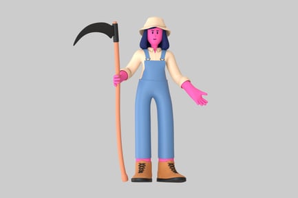 Visualização: Fazendeiro de desenhos animados com ferramenta de foice