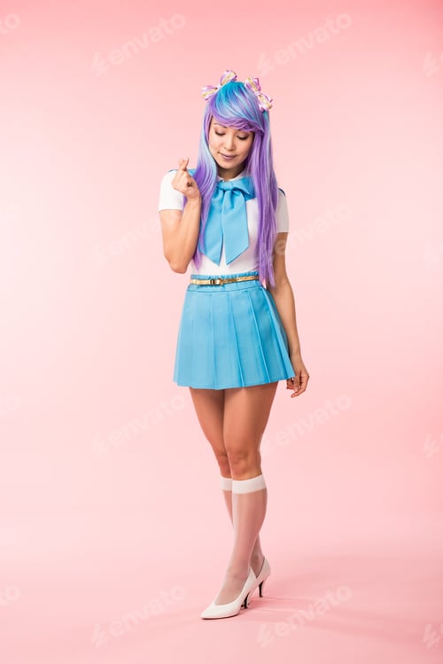 Preview: Full length view of anime girl in blue skirt showing heart sign on pink