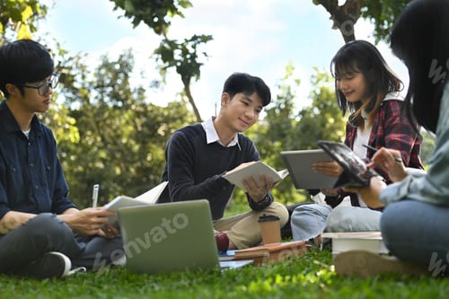 Preview: Asian college students talking and working on group project on campus lawn.