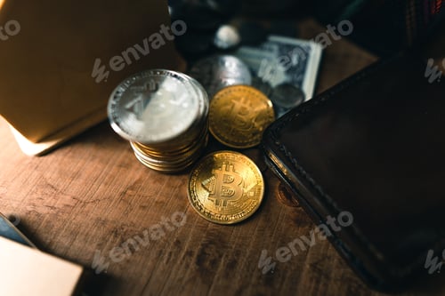 Preview: Bitcoin coins on a wooden desk at home