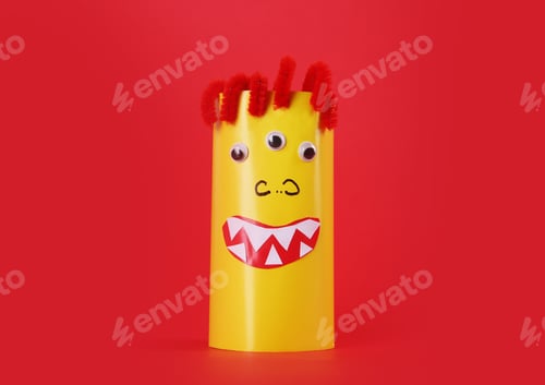 Preview: Funny yellow monster on red background. Halloween decoration