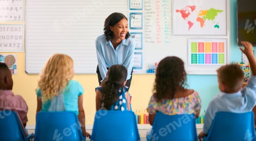 Preview: Rear View Of Primary Or Elementary School Students Sitting In A Line With Hand Up