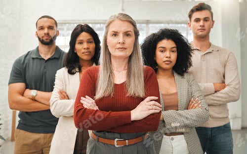Preview: Businesspeople with arms crossed. Portrait of diverse designers in an office. Group of architects i