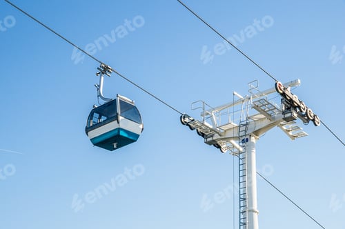 Preview: Low angle shot of a cable car in Expo district, Lisbon, Portugal