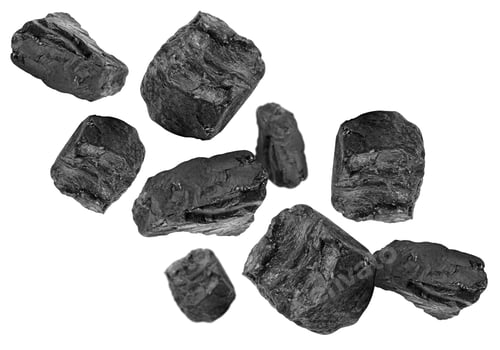 Preview: Different pieces of coal falling on white background, collage design