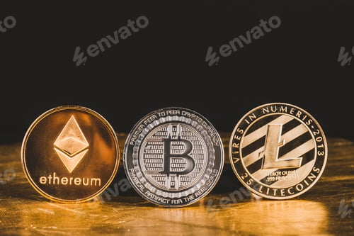 Preview: Cryptocurrency litecoin,Silver Bitcoin,Ethereum on golden floor