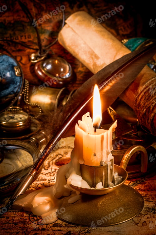 Preview: Vintage style travel and adventure. Vintage old compass and other vintage items on the table.