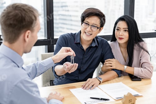 Preview: Couple completes the house purchase contract and the broker gives the house key.