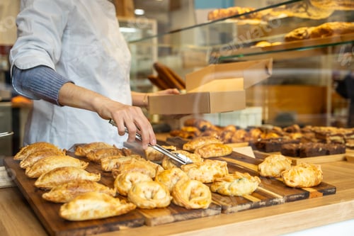 Preview: Baker preparing fresh empanadas for takeout in bakery shop