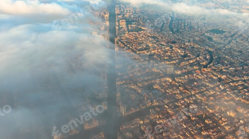 Preview: Aerial view of Barcelona City above the clouds and fog, Catalonia, Spain