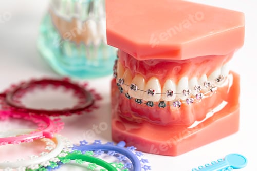Preview: Orthodontic ligatures rings and ties, elastic rubber bands on orthodontic braces, model for dentist