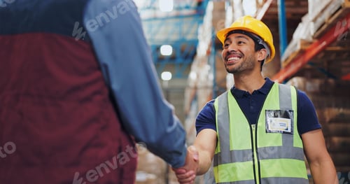 Preview: Men, handshake and factory for deal with logistics, smile and contract for global shipping company.