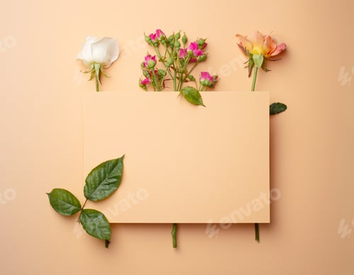 Preview: Blank empty pink beige paper with fresh flowers roses top view