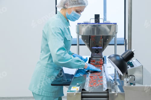 Preview: Pharmacy industry woman worker in protective clothing operating production of tablets in sterile