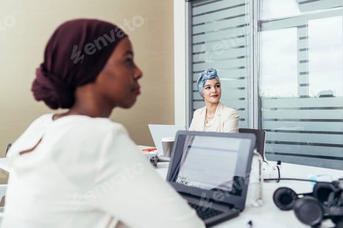 Preview: Two professional women in a focused office meeting.