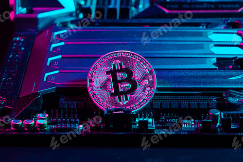 Preview: golden bitcoin and computer chip in background